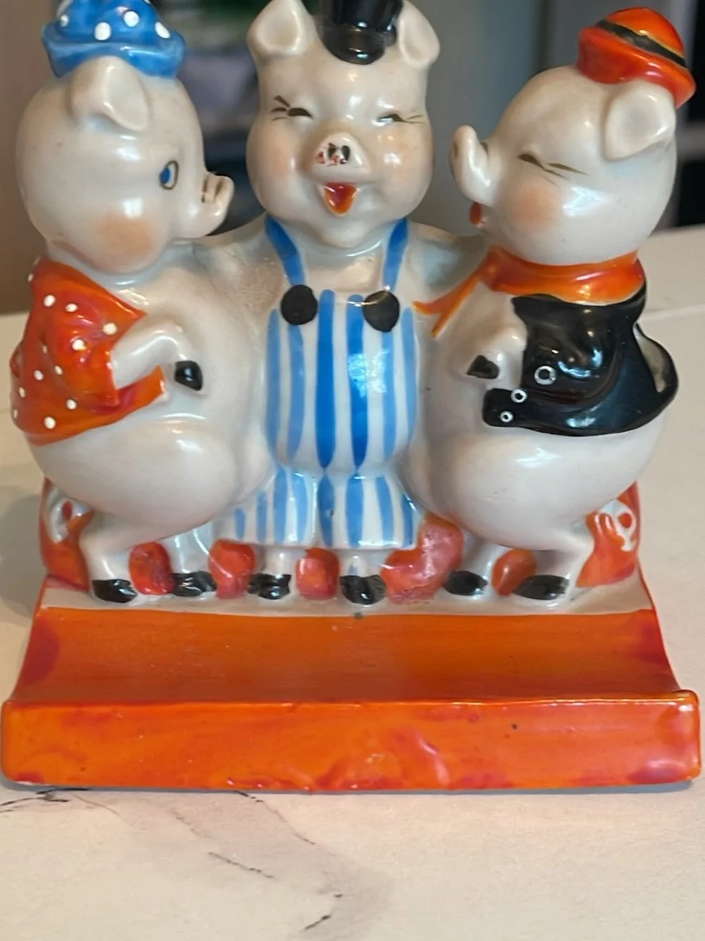 Vintage Ceramic Three Pigs Figurine in Blue, Orange and Black